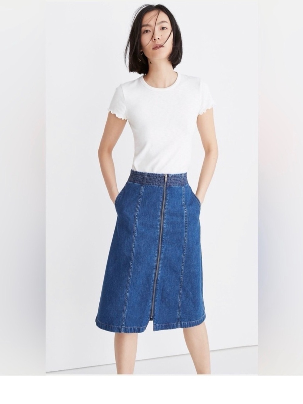 Madewell Blue Denim Zip-Front Midi Skirt